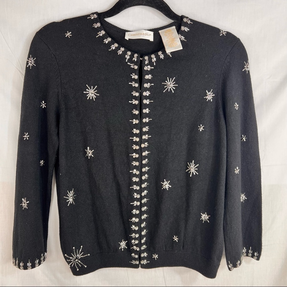 Vintage Sweater Black Beaded Cardigan Sz L Christie & Jill Silk Cotton Blend - Picture 1 of 9